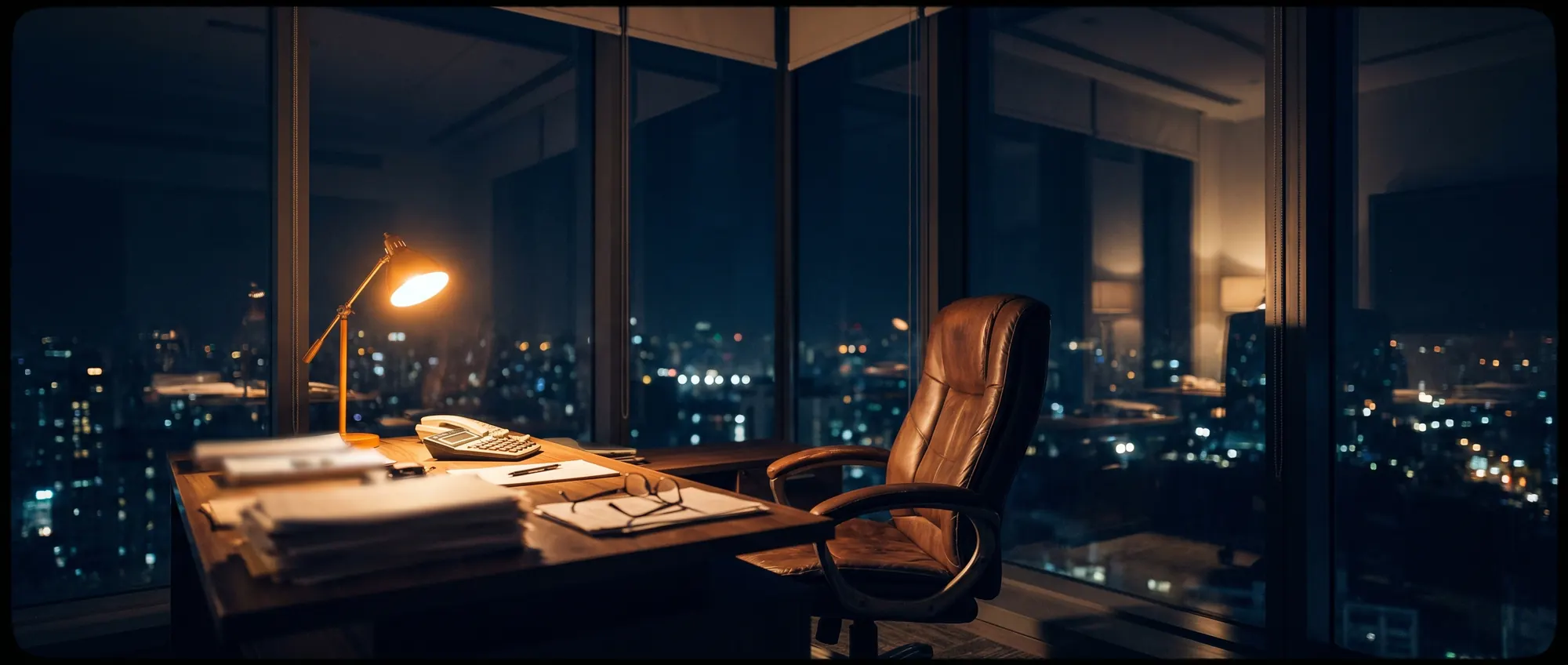 A CFO's corner office at 3 AM — desk lamp over electricity bills, an empty chair turned toward the city window