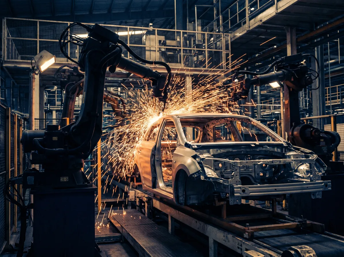Robotic welding arms over a car body line, sparks flying