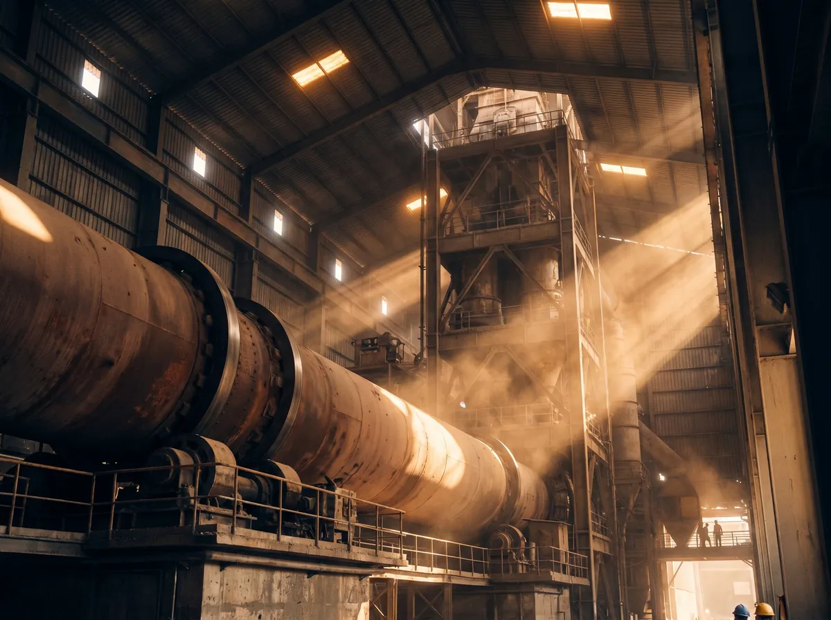 Inside an Indian cement plant — rotary kiln under shafts of warm light