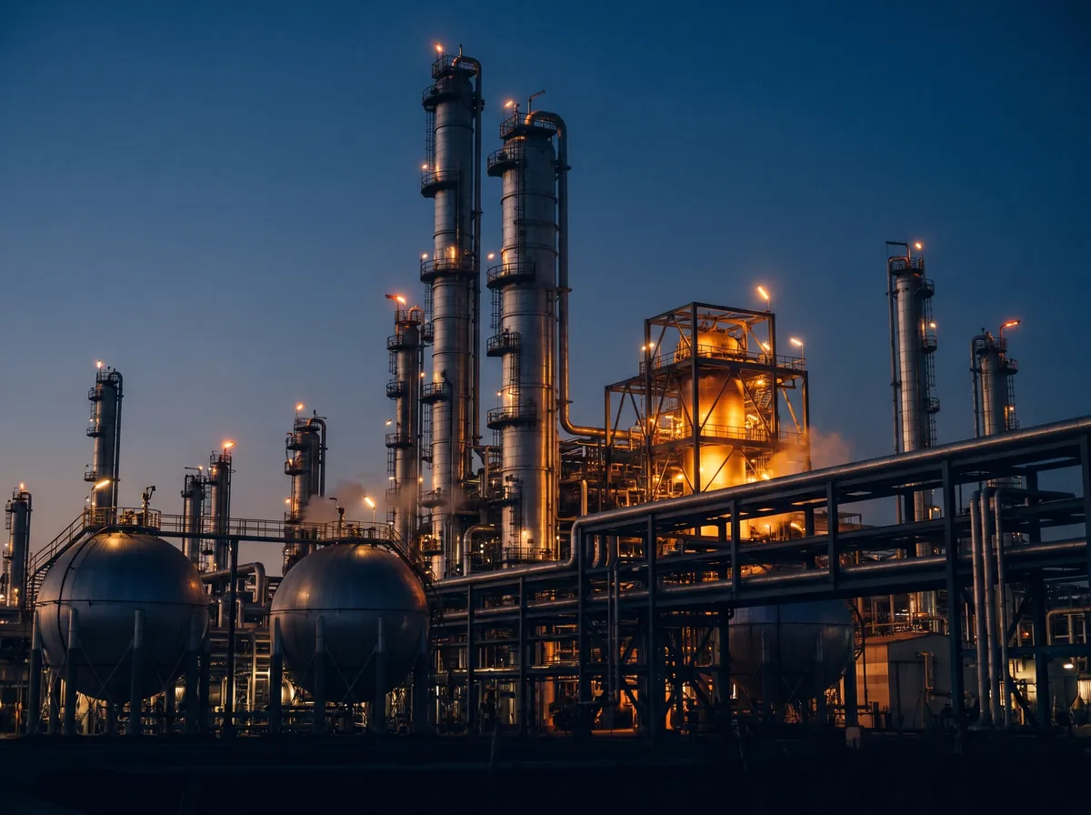 Indian petrochemical complex at dusk — distillation columns and storage spheres