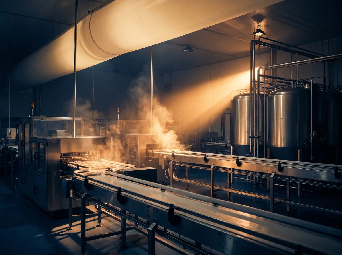 Stainless-steel conveyors and tanks in a modern food processing plant