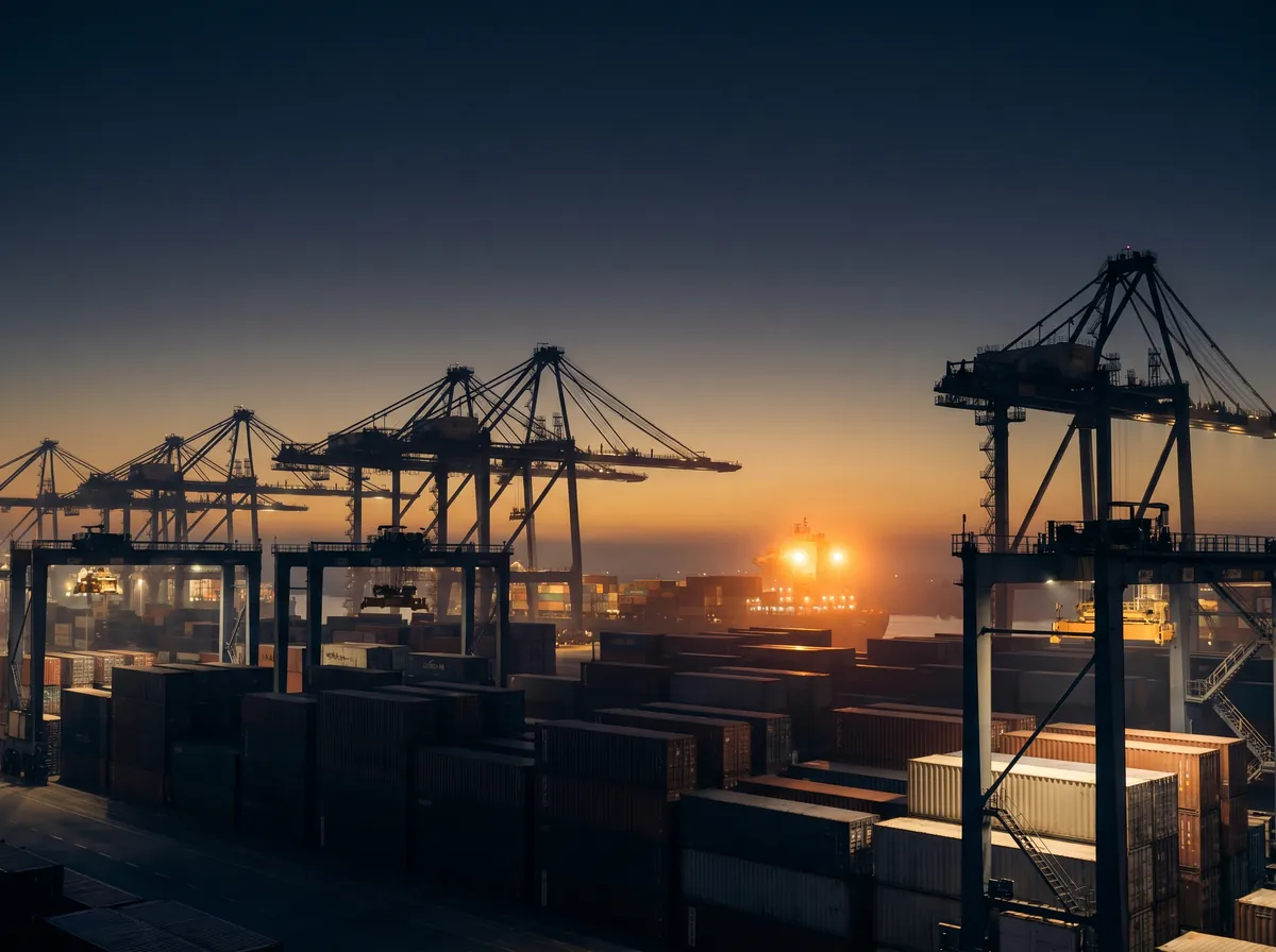 Container port at dawn — gantry cranes silhouetted against the horizon