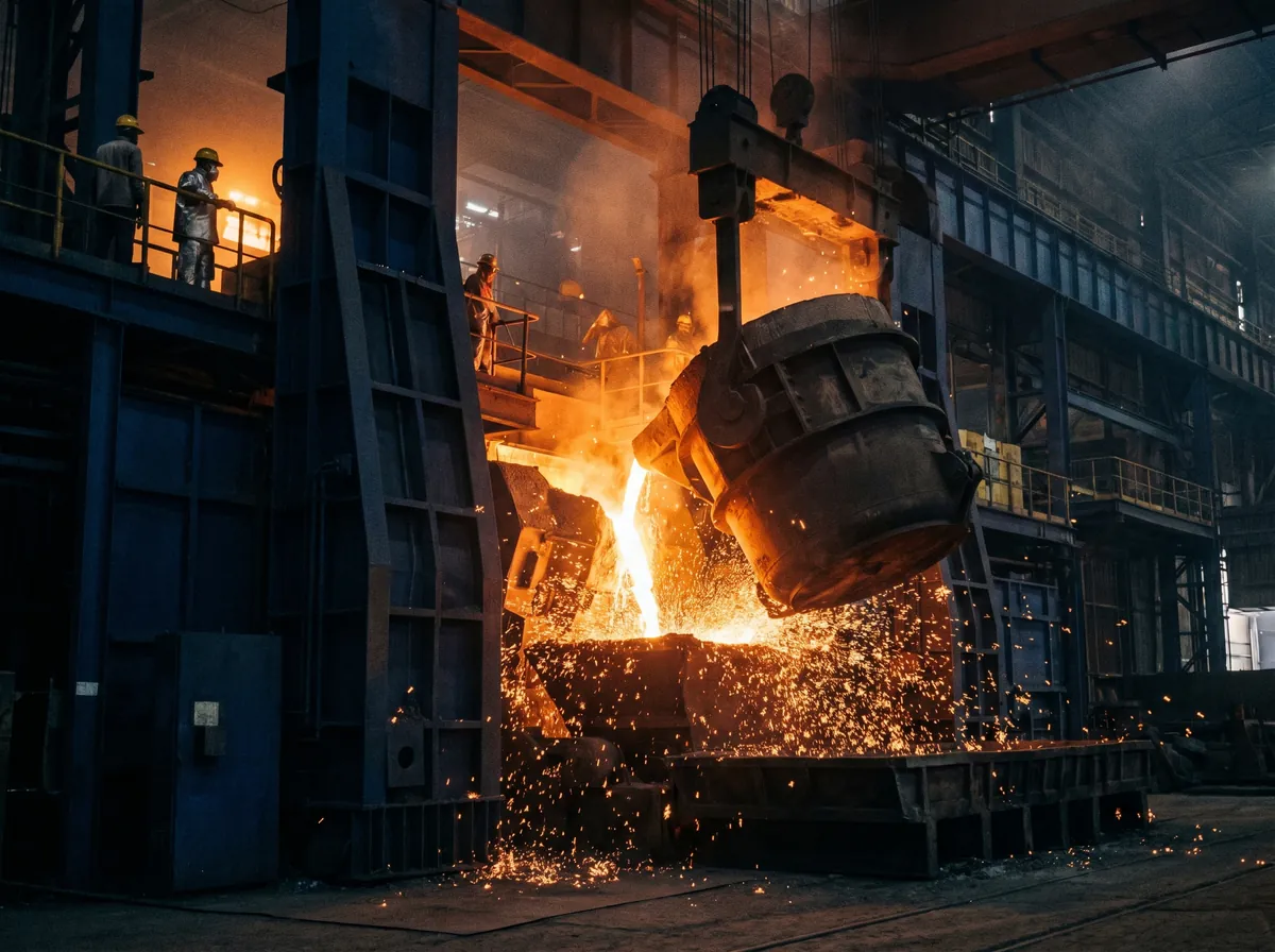 Molten steel pour in an Indian steel mill, sparks cascading