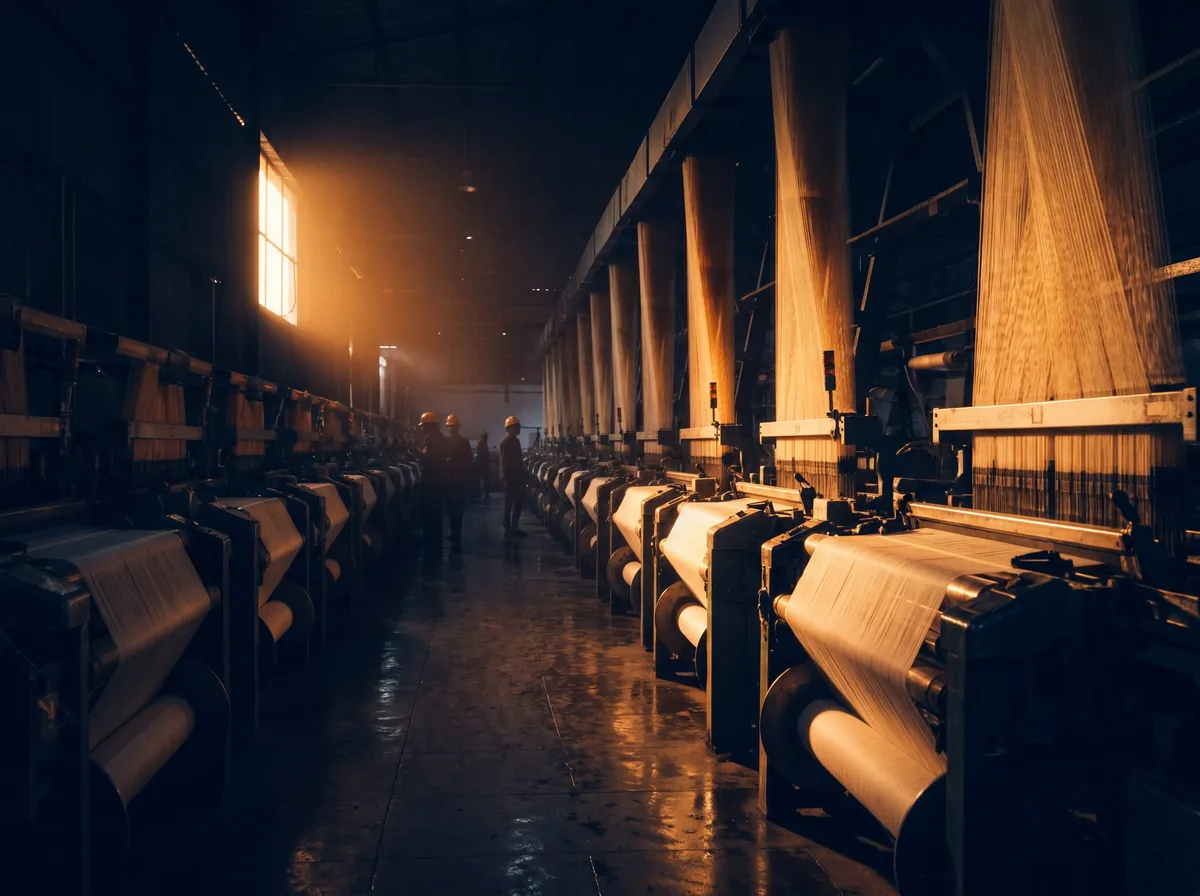 Rows of automated looms in an Indian textile mill under warm side-light