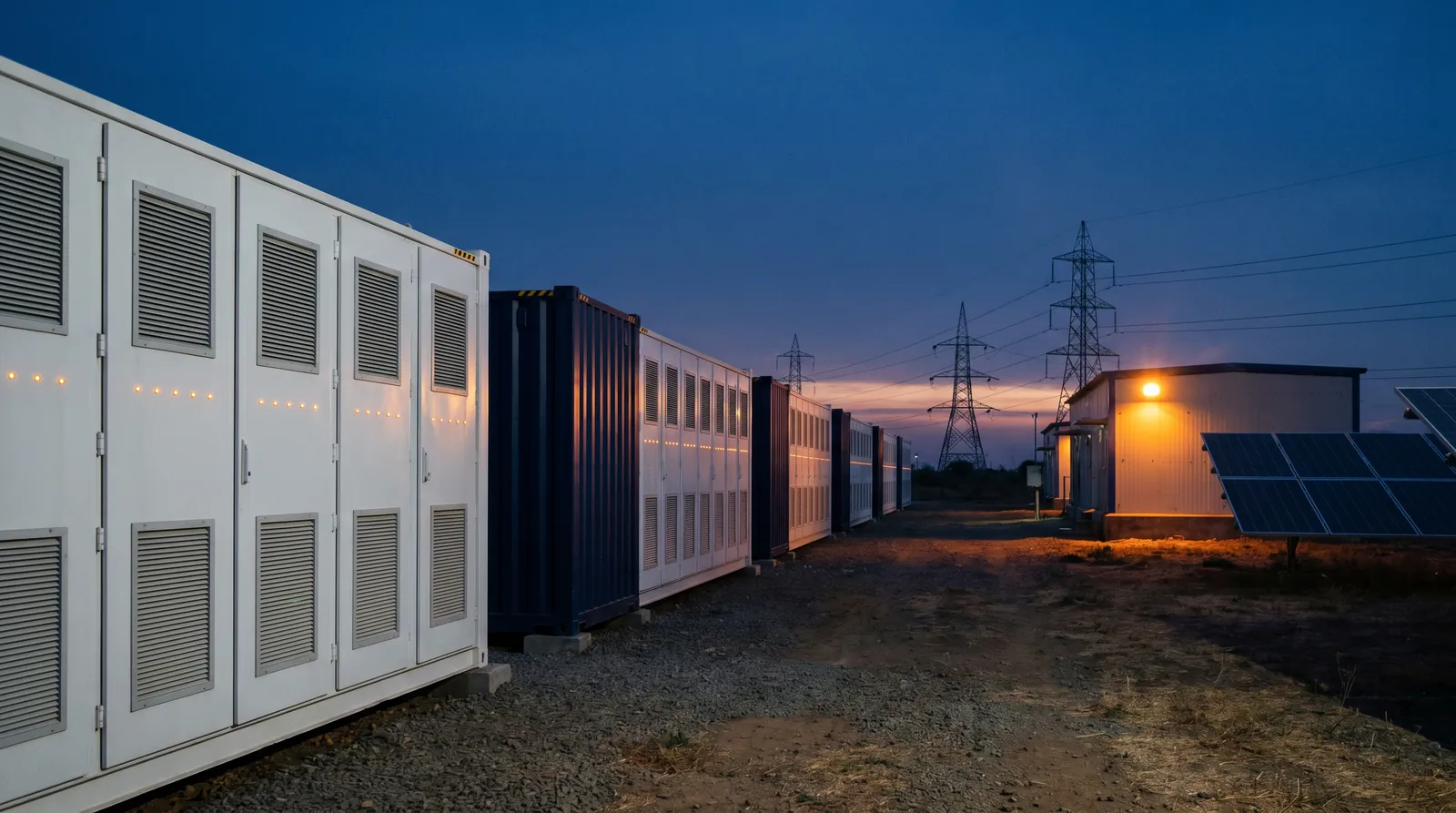 Grid-scale battery energy storage containers beside a solar substation at dusk